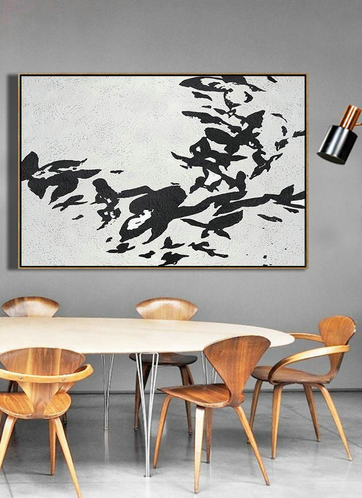 Hand Painted Acrylic Painting,Oversized Horizontal Minimal Art On Canvas, Black And White Minimalist Painting - Huge Abstract Canvas Art